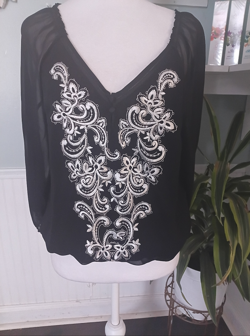 White House Black Market Black V-Neck Embroidered Blouse